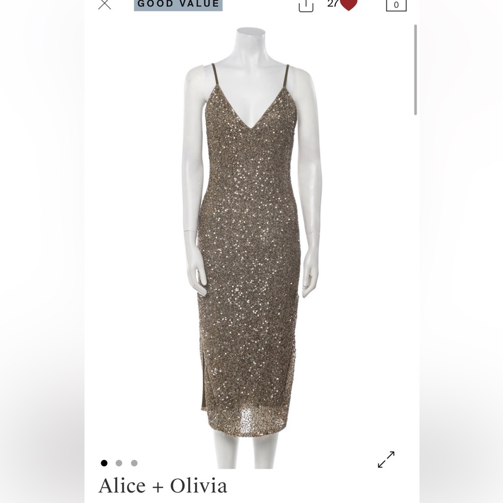 Alice & Olivia sequin beaded gold bronze dress v neck midi semiformal